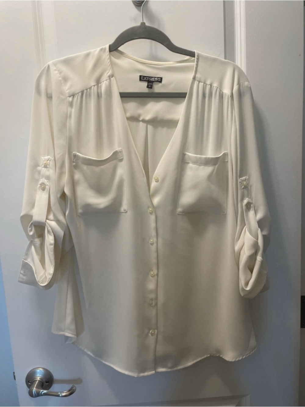 Express Cream Button-Front V-Neck Blouse